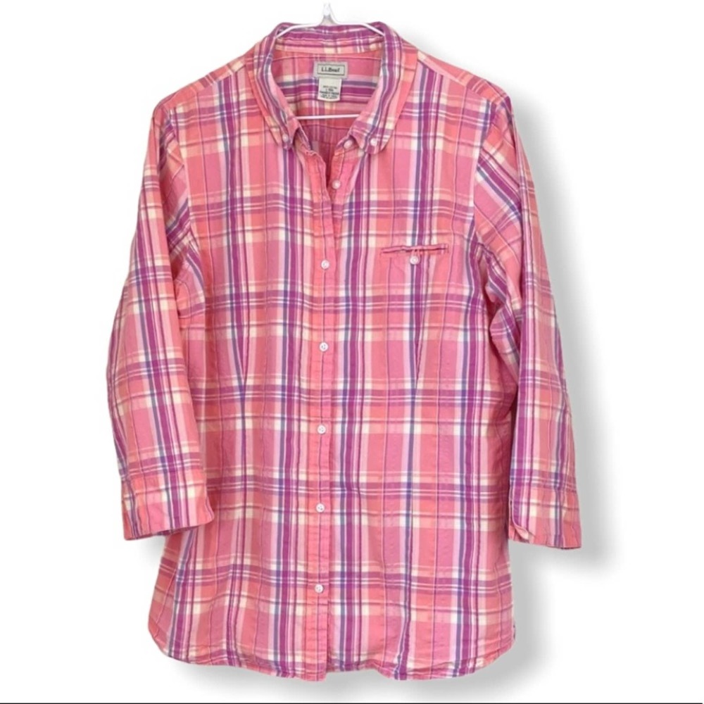 LL BEAN Plaid Seersucker 3/4 Sleeve Button Down Shirt Pink Size Large Chambray